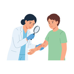 Fototapeta premium Dermatologist Examining Patient Arm Skin Condition Using Magnifying Glass for Medical Diagnosis