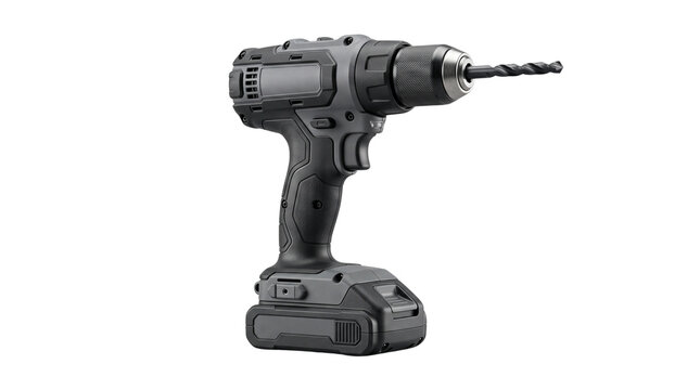 Professional cordless drill with battery pack, industrial power tool for construction, black electric screwdriver with drill bit isolated PNG with Transparent Background