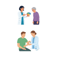 Obraz premium Medical checkup illustration featuring doctor consulting senior patient and treating young man