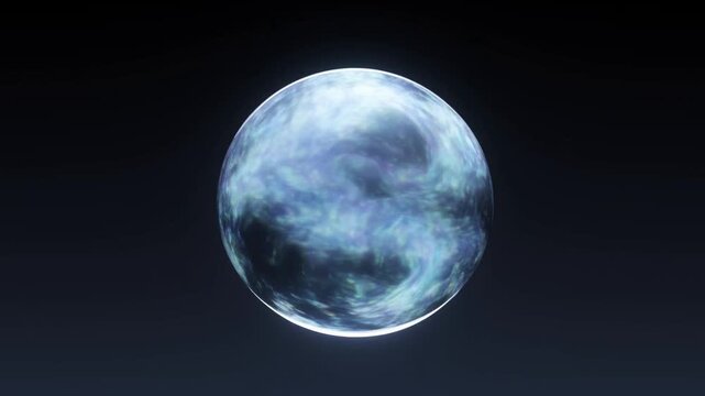 Slow zoom of glowing planet rotating and approaching in deep space void with reflective atmosphere