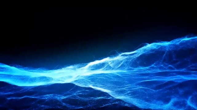 Slow motion pan of digital particle wave undulating and flowing across dark virtual space with glowing blue luminous mesh surface