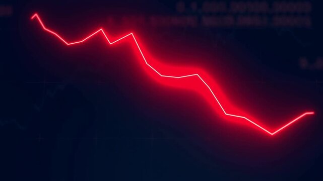 Tracking slow motion pan and zoom of market line chart declining on dark neon grid digital screen