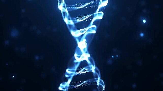 Slow motion tracking zoom of glowing dna helix rotating and spiraling in dark laboratory space background