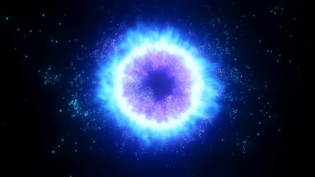 Slow motion radial zoom of glowing energy ring pulsating and expanding in deep space cosmic backdrop
