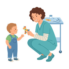 Friendly Pediatric Nurse Engaging and Playing with a Small Toddler in a Modern Medical Clinic Environment