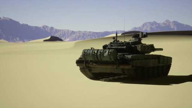 Armored escort supporting supply route across sand, protective presence, coordinated convoy concept, fuel drums and cargo stowed, operational security, warm