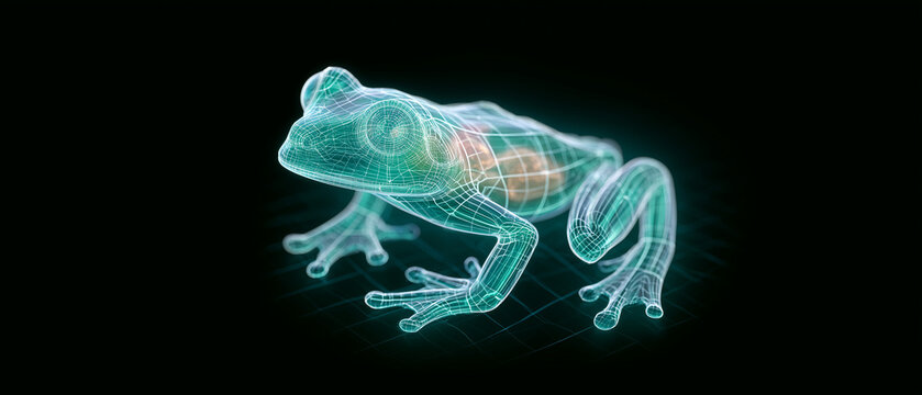 Transparent glass frog with wireframe hologram scan showing internal organs, medical imaging technology concept on grid