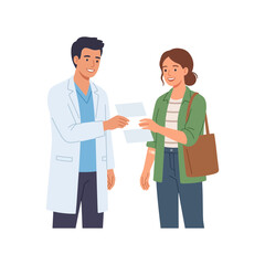 Obraz premium Friendly male doctor in white lab coat explaining medical prescription to a female patient