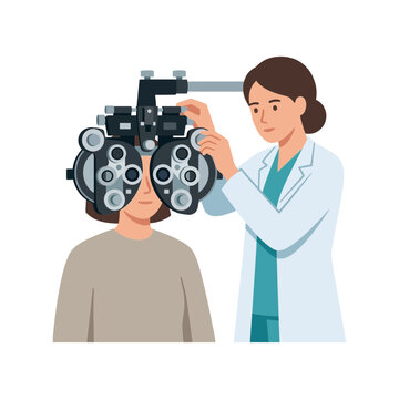 Female optometrist conducting eye examination with a phoropter on a patient in a clinic