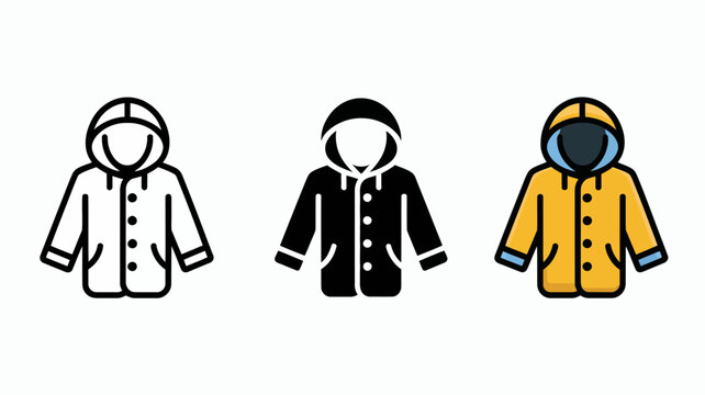 Raincoat icon set, yellow waterproof jacket vector, hooded rain coat symbols Editable Vector