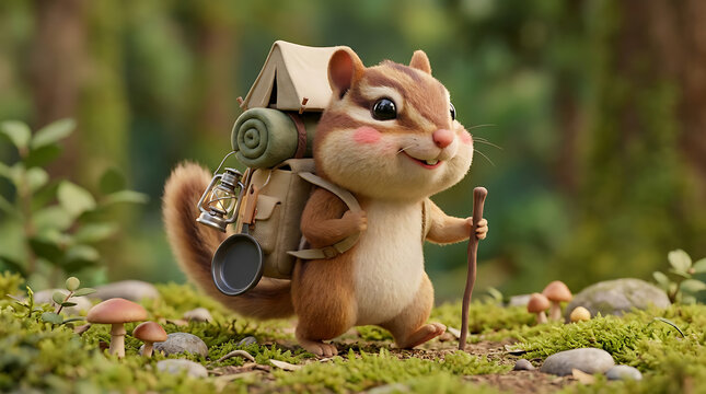 A chipmunk adventurer carries camping gear through a lush green forest setting rodent mammal wildlife