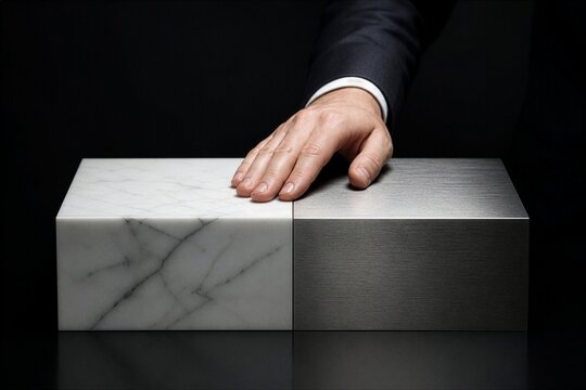 Business professional choosing between two contrasting boxes