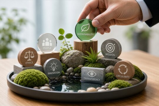 Hand placing green sustainability token on corporate values model