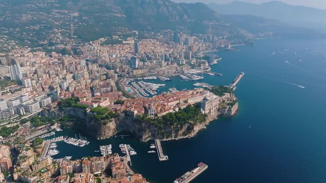 Aerial panoramic view of Monaco cityscape and harbor