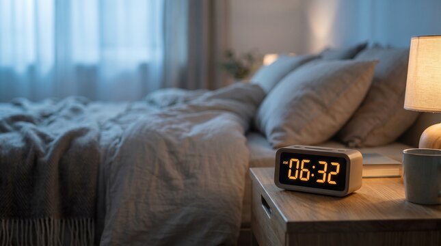 Digital alarm clock display time on bedside table in bedroom with blurred bed and window in background.