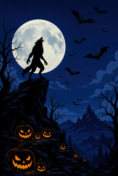 Silhouette of a werewolf howling at a full moon in a spooky landscape with carved jack-o-lanterns and bats flying in the night sky for Halloween celebration.