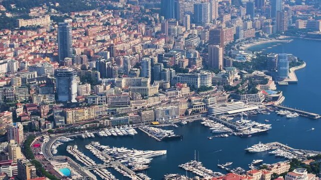 Aerial view of Monaco Monte Carlo with yachts and cityscape