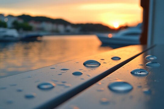 Sunset over water with raindrops on surface