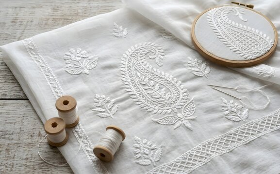 Intricate Hand Embroidery Lucknow Chikankari Work on White Cotton Fabric with Needle and Thread Spools
