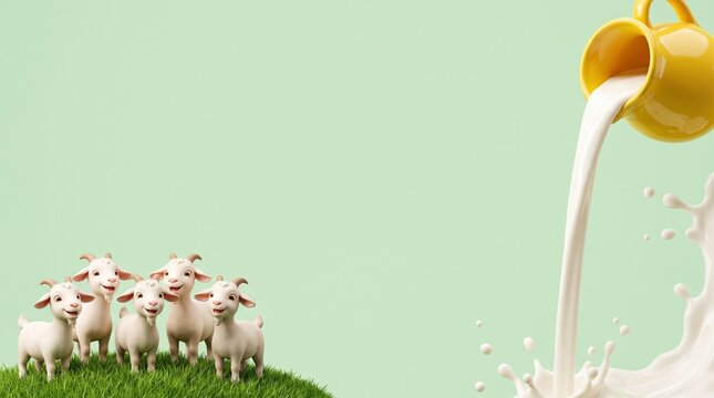 Healthy baby food template with cute 3d goats and pouring milk splash.
