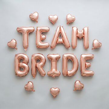 Rose gold foil balloons spelling team bride surrounded by small heart balloons on a light grey background
