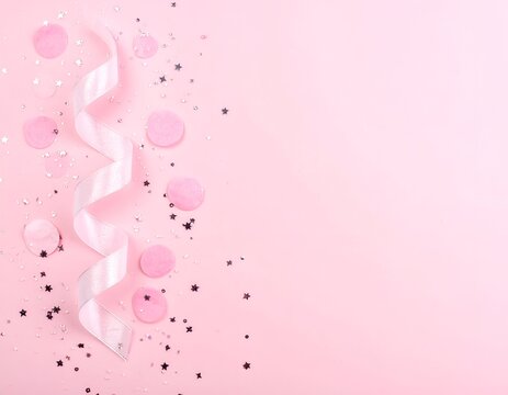 Pink background with white ribbon, confetti and star decorations, party theme