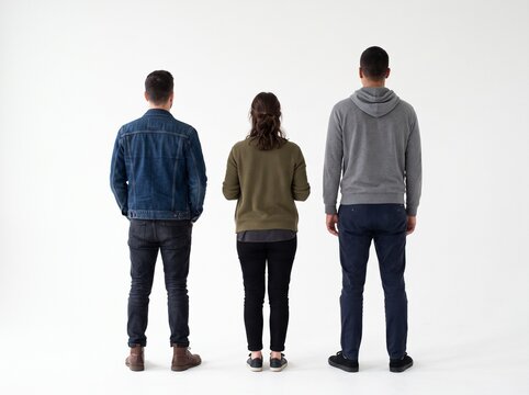 Three people standing and looking at something seen from back angle, isolated on white background	