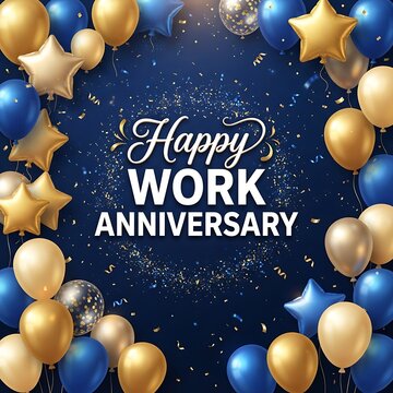 Happy work anniversary greeting card design with blue and gold balloons and falling confetti on dark background