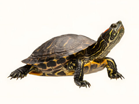 Red-eared slider turtle isolated on white background for wildlife and pet photography.