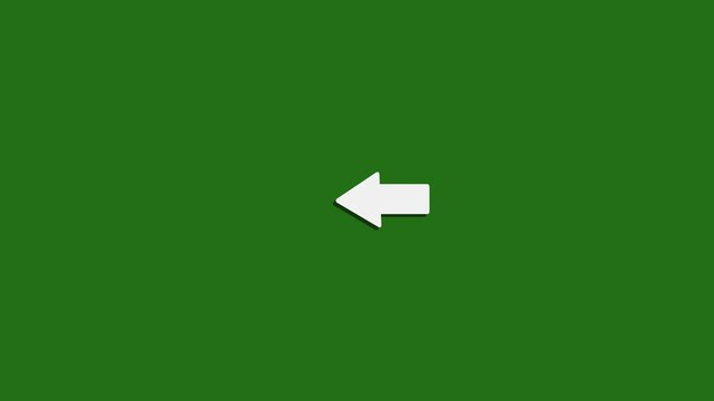 White left arrow pointing on green screen background, for easy chroma, key compositing direction pointer