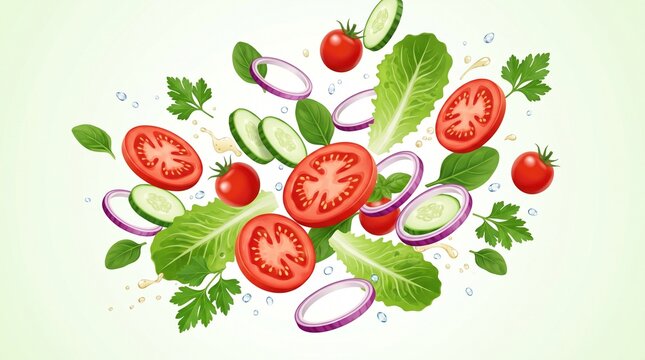 Vector illustration of fresh flying salad ingredients with tomatoes, cucumbers, onions, lettuce, and olive oil drops on light background