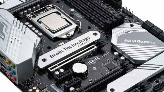 Modern PC Motherboard Macro Close Up with CPU Processor Socket and Heatsink Technology