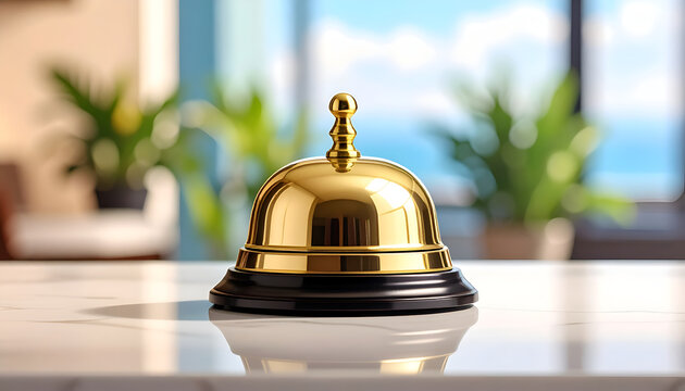 Golden Hotel Service Bell on Marble Countertop with Blurred Plants Background.