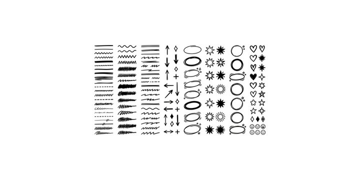 Extensive collection of hand-drawn scribble elements arrows shapes lines for creative design projects.