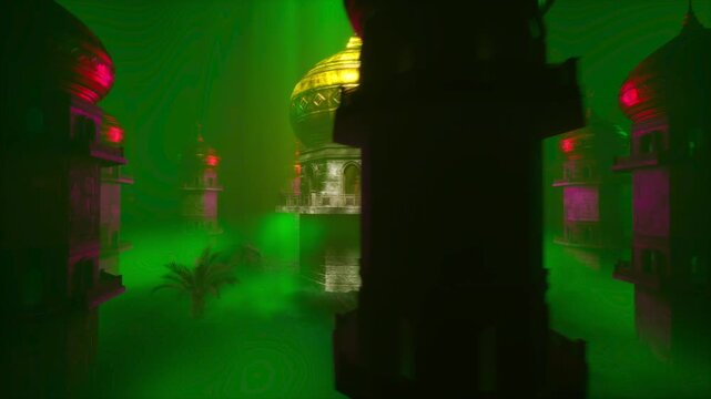 Golden Arabian Palace Dome Surrounded by Towers in Green Fog