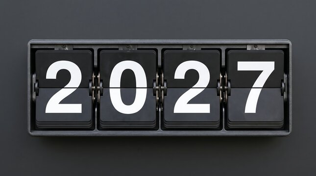 Flip clock display showing the year 2027 close up of a mechanical scoreboard with white numbers on black tiles, isolated on a dark background