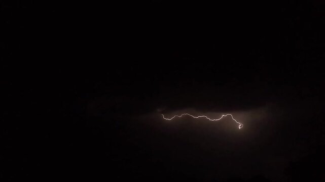 Realtime Thunderstorm Lightning Strike, Bright Electrical Bolt Flash on Black Dark Monsoon Sky