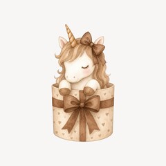 Naklejka premium Cute unicorn in a gift box, unicorn with a bow, adorable unicorn illustration.