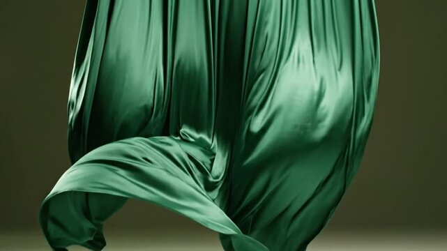 Luxurious emerald green silk fabric flowing and draping against a studio backdrop, elegant motion