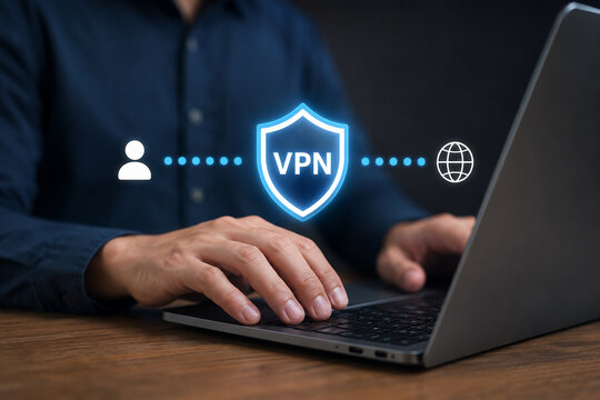 User connecting securely to the internet via VPN, representing online privacy, data protection, anonymous browsing, cybersecurity, and secure access through virtual private network technology.
