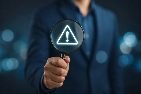 Businessman holding magnifier glass with red triangle caution warning sign for notification error and maintenance concept. 