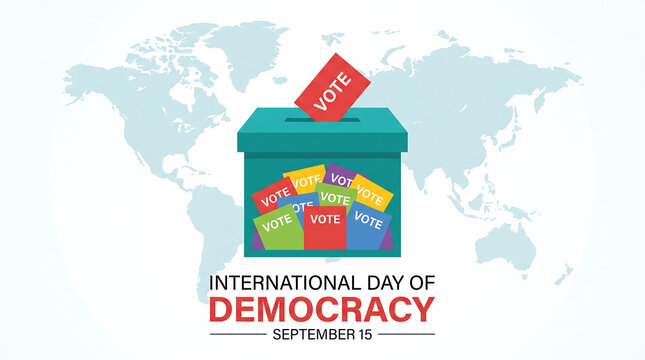 Hand holding box with democracy text on world map