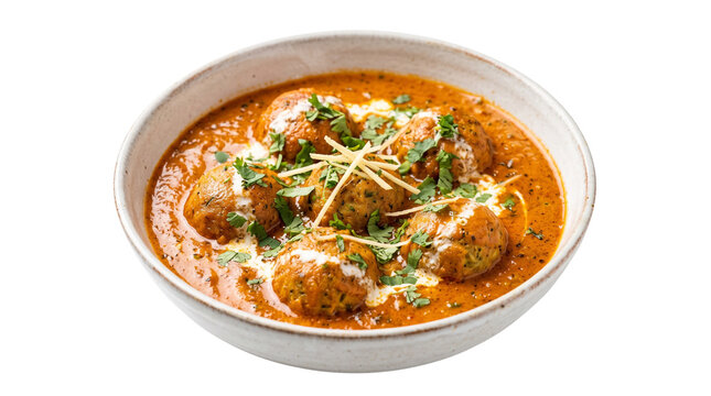 Malai Kofta in creamy tomato gravy, Indian vegetarian curry with paneer dumplings, spicy vegetable meatballs in ceramic bowl
