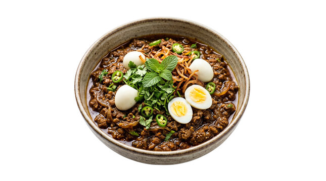 Traditional Filipino pork sisig with quail eggs in a ceramic bowl, savory minced meat dish, authentic Asian cuisine isolated on white