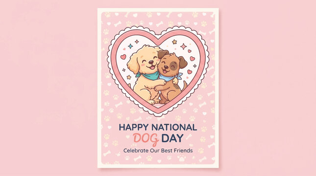 Happy National Dog Day greeting card with cute puppies in heart frame. Celebration of best friends poster. Pink and white background with spots and stars.