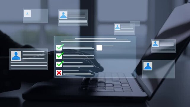 Online employee assessment with survey questions and completed checklist on clipboard. Human resources, evaluation and management concept.