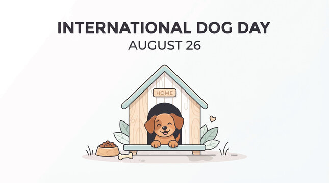 International Dog Day August 26 illustration, cute puppy in wooden house vector, pet celebration banner, friendly cartoon character design with bowl and bone, greeting card template