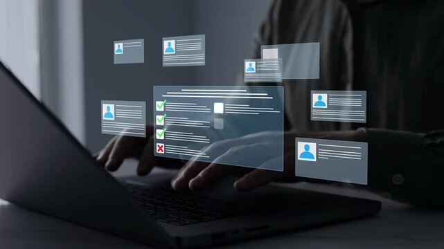 Employee survey and assessment concept with completed checklist, online test questions and HR management workflow.