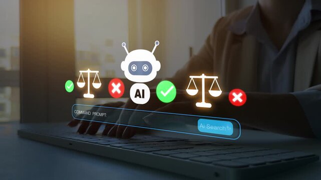 AI ethics concept showing the balance between technological innovation, human values, privacy, security, accountability and responsible development.