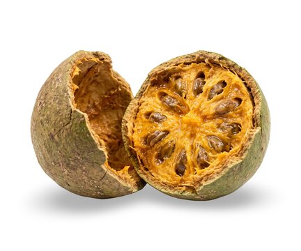 Bael Fruit Cracked Open in Studio Isolated on White